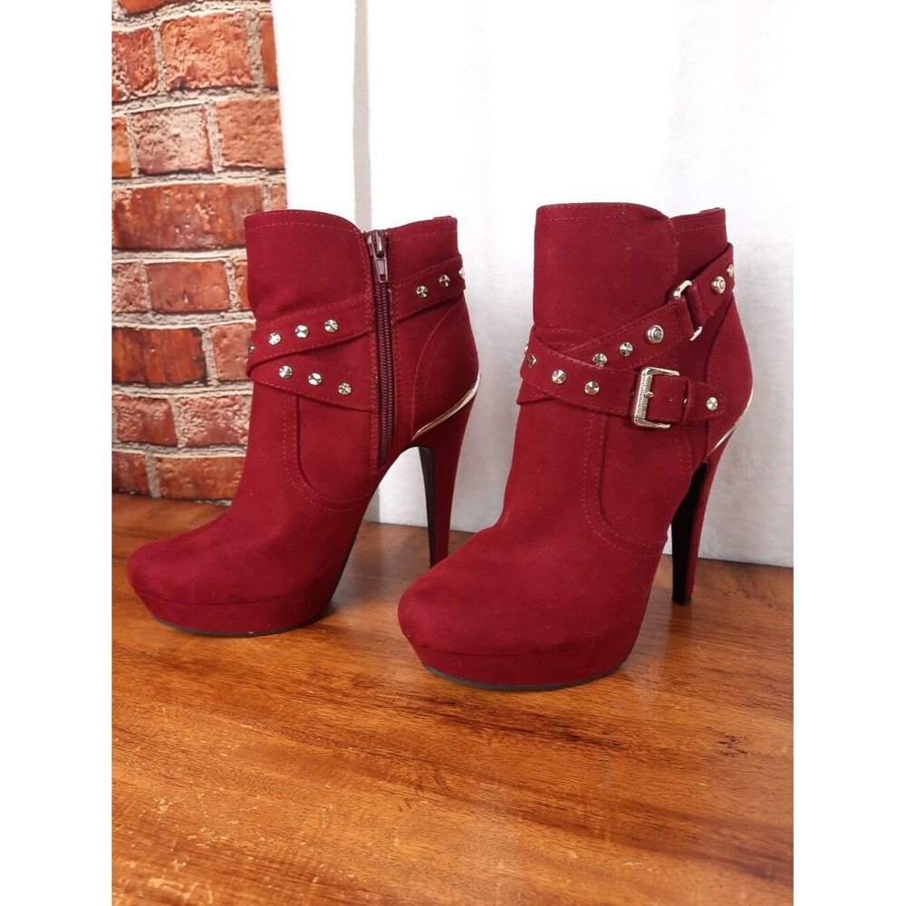 GUESS Burgundy Suede Platform Ankle Boots with Studded Details